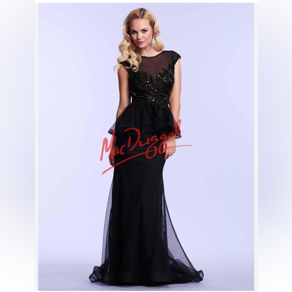 MAC DUGGAL PROM Gown black rhinestone formal dress sheer top fishtail ruffle 6